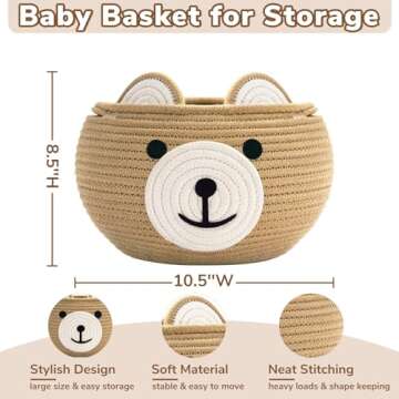 CherryNow Cotton Rope Basket Baby Basket for Nursery, Bear Gift Basket for Kids, Empty Baby Shower Basket with Handles, Small Cute Animal Basket, Brown, 10.5"D x 8.5"H