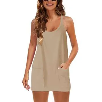 Faleave Women's Summer Sleeveless Mini Dress Athletic Dress Spaghetti Strap Short Tennis Dress with Pockets(Khaki-S)