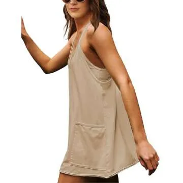Faleave Women's Summer Sleeveless Mini Dress Athletic Dress Spaghetti Strap Short Tennis Dress with Pockets(Khaki-S)