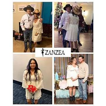 ZANZEA Women's Vintage Floral Lace V Neck 3/4 Bell Sleeve Cocktail Wedding Party A-line Swing Casual Mini Dress Beige L