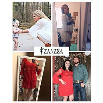 ZANZEA Women's Vintage Floral Lace V Neck 3/4 Bell Sleeve Cocktail Wedding Party A-line Swing Casual Mini Dress Beige L