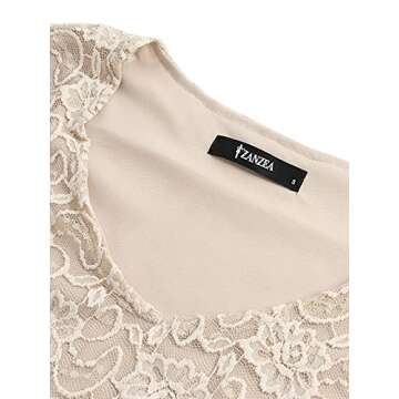 ZANZEA Women's Vintage Floral Lace V Neck 3/4 Bell Sleeve Cocktail Wedding Party A-line Swing Casual Mini Dress Beige L