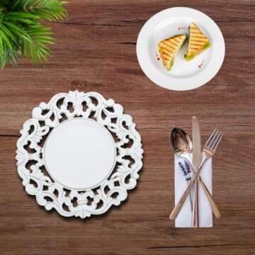 White Wood Charger for Dinner Plates Set of 2 - Decorative Floral Design 13 Inch Round Wooden Placemat for Dining Table Décor, Family Gathering, Christmas, Party, Wedding, Events, & Everyday Use