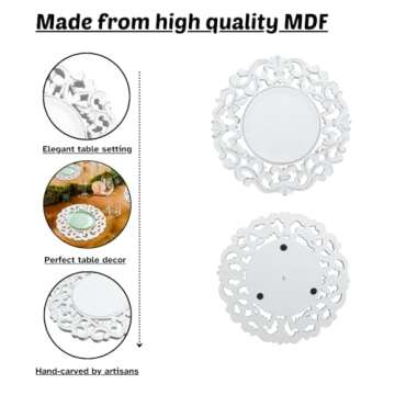 White Wood Charger for Dinner Plates Set of 2 - Decorative Floral Design 13 Inch Round Wooden Placemat for Dining Table Décor, Family Gathering, Christmas, Party, Wedding, Events, & Everyday Use