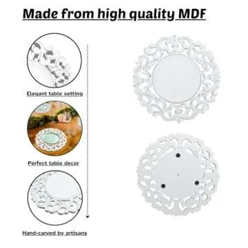 White Wood Charger for Dinner Plates Set of 2 - Decorative Floral Design 13 Inch Round Wooden Placemat for Dining Table Décor, Family Gathering, Christmas, Party, Wedding, Events, & Everyday Use