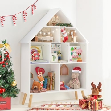 Curipeer Kids Dollhouse Bookshelf and Baby Storage - Wooden Stand Dollhouse Bookcase with 4-Tier Sto...
