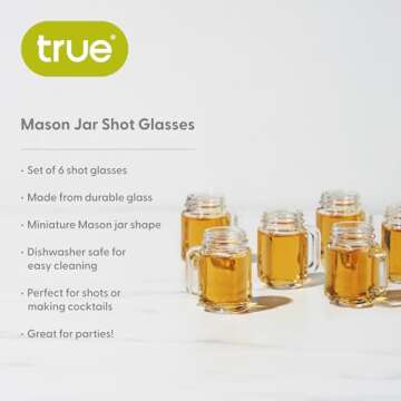 True Mason Jar Shot glasses, Reusable Mini Mason Jar shaped shot glasses with Handles, Party shot cups, Set of 6, 1 oz.