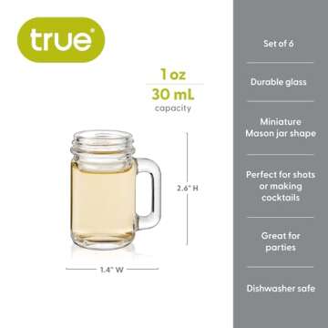 True Mason Jar Shot glasses, Reusable Mini Mason Jar shaped shot glasses with Handles, Party shot cups, Set of 6, 1 oz.