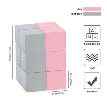 TRENDBOX 12 Pcs Toddler Foam Blocks, 5.5inch Soft Foam Cubes Blocks with Detachable Washable Cover, Soft Play Blocks for Toddlers and Kid （Light Gray & Pink）
