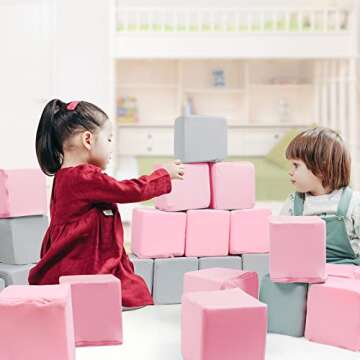 TRENDBOX 12 Pcs Toddler Foam Blocks, 5.5inch Soft Foam Cubes Blocks with Detachable Washable Cover, Soft Play Blocks for Toddlers and Kid （Light Gray & Pink）