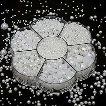 Approx 5600pcs Assorted 7 Sizes Half Round Flatback Pearl Beads DIY Craft Shoes Phone Nail Art Making Plastic Box (AB White)
