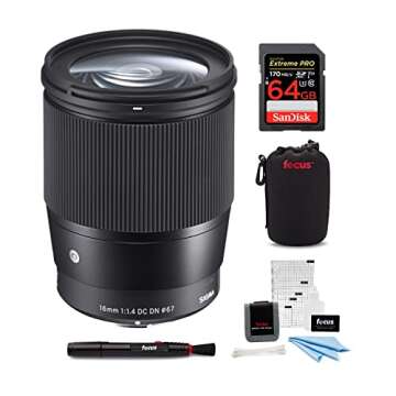 Sigma 16mm f/1.4 Contemporary DC DN Prime Lens Canon EF-M Complete with All Standard Supplied Accessories Bundle with Memory Card, Lens Pouch, Cleaning and Accessory Kit, and Cleaning Pen (5 Items)