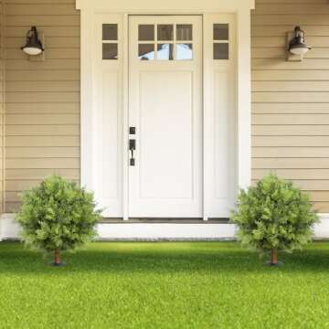 24inch Artificial Ceder Topiary Tree, Artificial Shrubs for Outdoors with Ground Spike, Faux Outdoor Shrubs Potted, Hold Nature Fake Bushes for Front Porch (Set of 2)