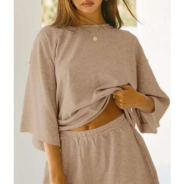 JAWINT Womens 2 Piece Sets Outfits Casual 3/4 Sleeve Tops Oversized Shirts Elastic Waist Shorts Loun...
