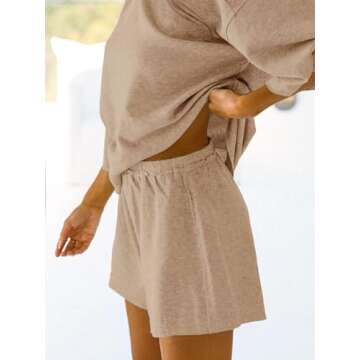 JAWINT Womens 2 Piece Sets Outfits Casual 3/4 Sleeve Tops Oversized Shirts Elastic Waist Shorts Lounge Pajama Sets Khaki