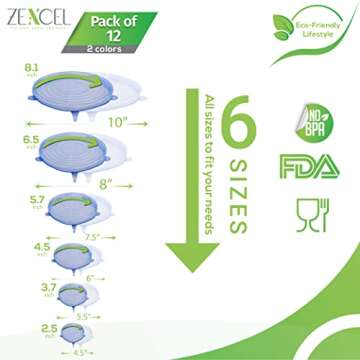ZEXCEL Silicone Stretch Lids Pack of 12, Washable and Reusable Bowl Covers Fits to various sizes of Food Containers 100% BPA Free Silicone Lids, Dishwasher and Microwave Safe -Blue & Transparent