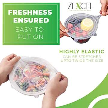 ZEXCEL Silicone Stretch Lids Pack of 12, Washable and Reusable Bowl Covers Fits to various sizes of Food Containers 100% BPA Free Silicone Lids, Dishwasher and Microwave Safe -Blue & Transparent