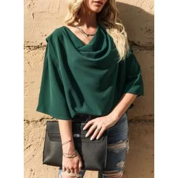 Dokotoo Ladies Tops and Blouses Short Sleeve Business Casual Spring Summer Tops for Women V Neck Wrap Draped Front Chiffon Blouses Basic Shirts for Women Fashion 2025,Green,X-Large