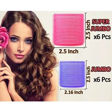 Jumbo Hair Rollers Sets, 12 Pcs Self Grip Salon Hair Dressing Curlers, Jumbo Large Rollers for Long Short Hair, DIY Curly Hairstyle for Women, Colors May Vary (6XJumbo+6XLarge)