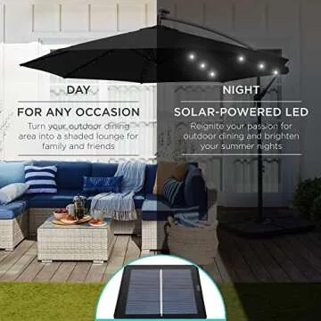 Best Choice Products 10ft Solar LED Offset Hanging Market Patio Umbrella for Backyard, Poolside, Lawn and Garden w/Easy Tilt Adjustment, Polyester Shade, 8 Ribs - Black