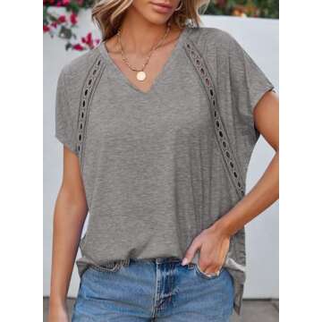 EVALESS Short Sleeve Shirts for Women Sexy Patchwork Lace V Neck Summer Tops Basic T-Shirts Lightwei...