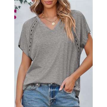 EVALESS Short Sleeve Shirts for Women Sexy Patchwork Lace V Neck Summer Tops Basic T-Shirts Lightweight Tunic Tops Oversized Maternity Clothes with Side Slits Gray Small