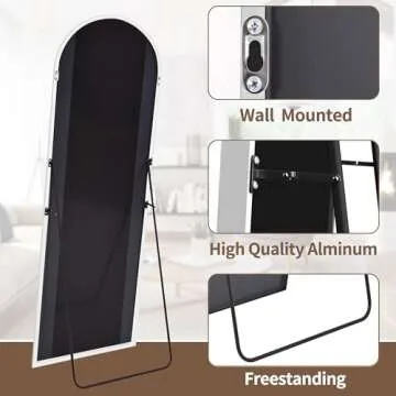 OGCAU Full Length Mirror, Floor Mirror Full Length, 65"x22" Arched-Top Mirror Hanging or Leaning, Standing Mirror, Body Mirror, Wall Mounted Mirror with Aluminum Frame for Bedroom (White)