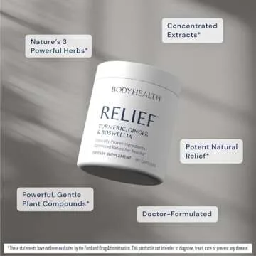 BodyHealth Inflam Relief, Joint Supplement, Relief for Back, Knees, Hands, with Turmeric, Boswellia, Ginger, All Natural, Non-GMO, Gluten Free (90 Capsules)