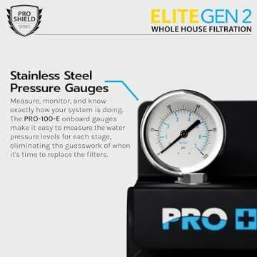 PRO+AQUA Elite Series GEN2 PRO-100-E 3-Stage Whole House Water Filtration System for City & Well Water with Pressure Gauges | Reduces Contaminants, Sediment, Chemicals, Heavy Metals, with 1” Ports