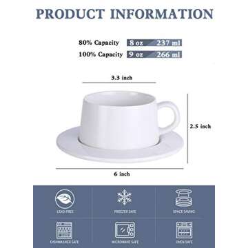 Kanwone Porcelain Stackable Cappuccino Cups with Saucers - 8 Ounce for Specialty Coffee Drinks, Capp...
