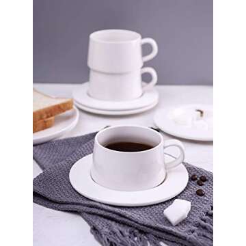 Kanwone Porcelain Stackable Cappuccino Cups with Saucers - 8 Ounce for Specialty Coffee Drinks, Cappuccino, Latte, Americano and Tea - Set of 4, White