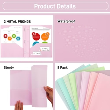 EOOUT 8 Pack Plastic Folders with Pockets in Pastel Colors