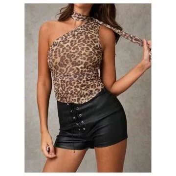 WDIRARA Women's Leopard Print Halter Crop Top Ruched Sleeveless Tee Shirt Y2k Fitted T Shirts