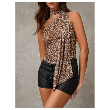 WDIRARA Women's Leopard Print Halter Crop Top Ruched Sleeveless Tee Shirt Y2k Fitted T Shirts