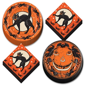 Vintage Halloween Party Supplies - Spooky Black Cat Dinner Plates & Napkins Set (Serves 16)