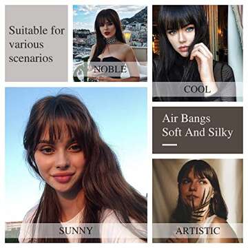 HMD Bangs Hair Clip in Bangs Real Human Hair Wispy Bangs Fringe with Temples Hairpieces for Women Clip on Air Bangs Flat Neat Bangs Hair Extension for Daily Wear (Wispy Bangs, brown black)