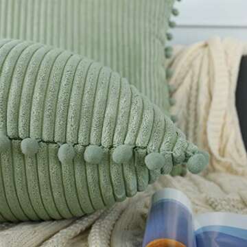 sykting Sage Green Throw Pillow Covers 18x18 inch Soft Striped Boho Farmhouse Decorative Pillow Covers with Pom Poms for Couch Sofa Bed Chair Outdoor Pack of 2