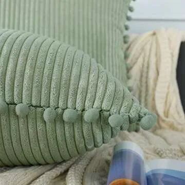 sykting Sage Green Throw Pillow Covers 18x18 inch Soft Striped Boho Farmhouse Decorative Pillow Covers with Pom Poms for Couch Sofa Bed Chair Outdoor Pack of 2