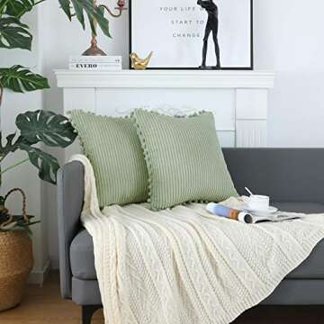 sykting Sage Green Throw Pillow Covers 18x18 inch Soft Striped Boho Farmhouse Decorative Pillow Covers with Pom Poms for Couch Sofa Bed Chair Outdoor Pack of 2