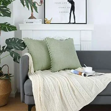 sykting Sage Green Throw Pillow Covers 18x18 inch Soft Striped Boho Farmhouse Decorative Pillow Covers with Pom Poms for Couch Sofa Bed Chair Outdoor Pack of 2