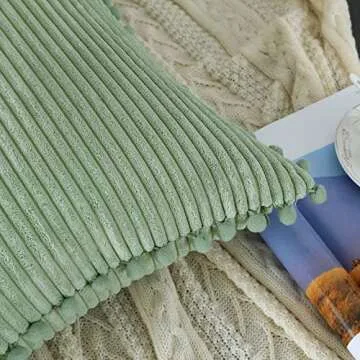 sykting Sage Green Throw Pillow Covers 18x18 inch Soft Striped Boho Farmhouse Decorative Pillow Covers with Pom Poms for Couch Sofa Bed Chair Outdoor Pack of 2