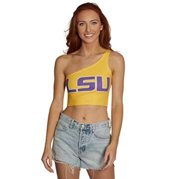 Lojobands Women's College Gameday Outfit One Shoulder Top Tailgate Crop Top One Size Fits Most (Louisiana State LSU Tigers - Yellow)