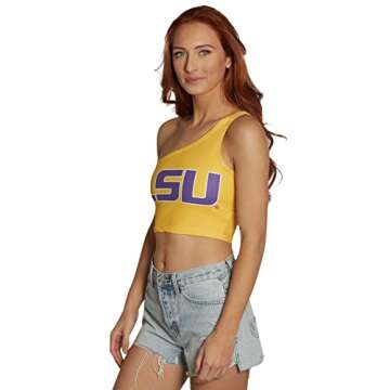 Lojobands Women's College Gameday Outfit One Shoulder Top Tailgate Crop Top One Size Fits Most (Louisiana State LSU Tigers - Yellow)