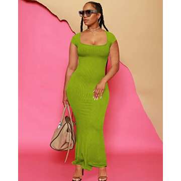 Doweha Summer Casual T Shirt Dresses for Women 2025 Square Neck Short Sleeve Wrap Party Club Bodycon Long Maxi Dress Cute Sexy Outfit Green L