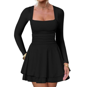 Kaximil Women's Square Neck Ruffle Hem Mini Dress Ruched Waist Long Sleeve Corset Short Party Dresses, Medium, Black
