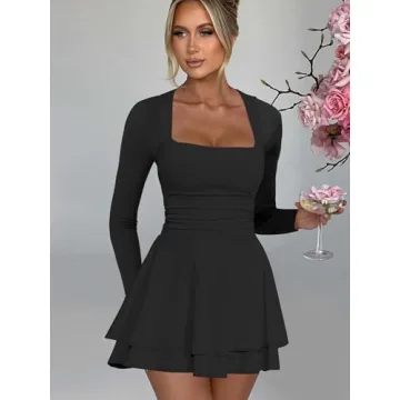Kaximil Women's Square Neck Ruffle Hem Mini Dress Ruched Waist Long Sleeve Corset Short Party Dresses, Medium, Black