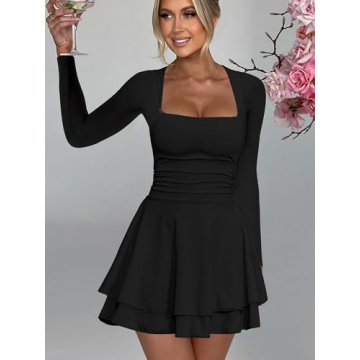 Kaximil Women's Square Neck Ruffle Hem Mini Dress Ruched Waist Long Sleeve Corset Short Party Dresses, Medium, Black