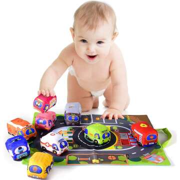 Soft Car Toy Set with Play Mat for 1 Year Olds