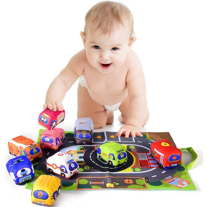 Soft Car Toy Set with Play Mat for 1 Year Olds