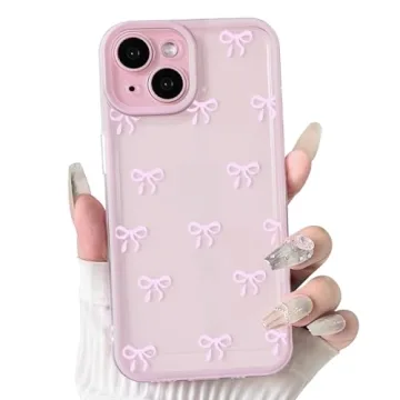 NITITOP Compatible with iPhone 15 Plus Case Cute Clear Pink Durable Ribbon Bowknot Pattern for Girls...